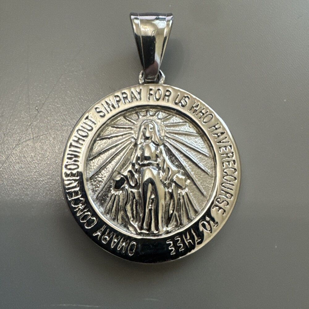 Virgin Mary Pendant Silver Tone 24” Necklace Stainless Steel Faith Jesus Unisex